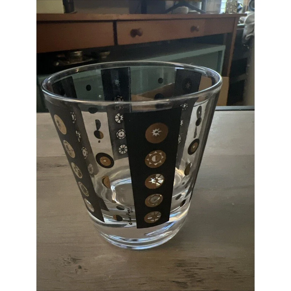 Fred Press Sun Moon Celestial Eclipse Low Ball Glass Atomic MCM Rare Black/Gold